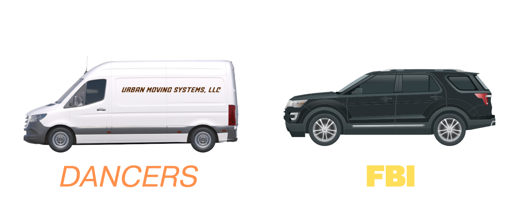 Urban Moving Systems van labeled DANCERS compared to FBI SUV